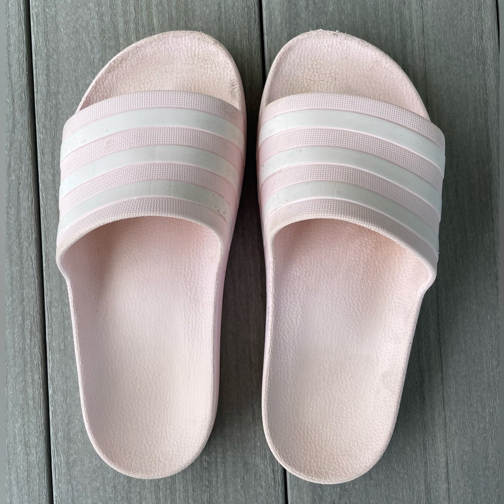 Adidas Unisex Pink and White Striped Slide Sandals size 5